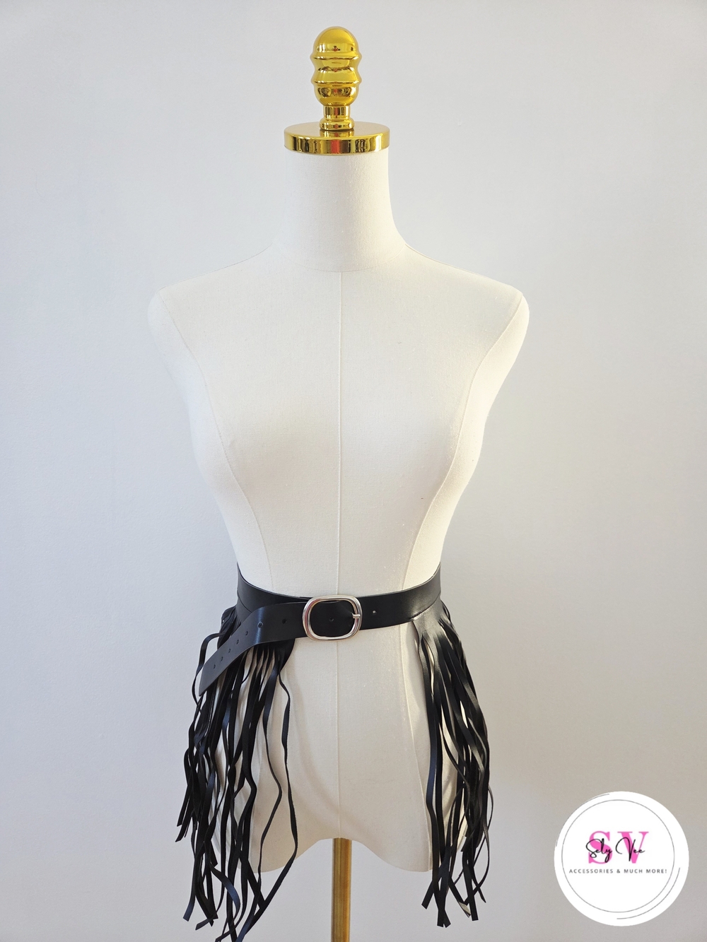 Faux leather fringe black belt with silver buckle